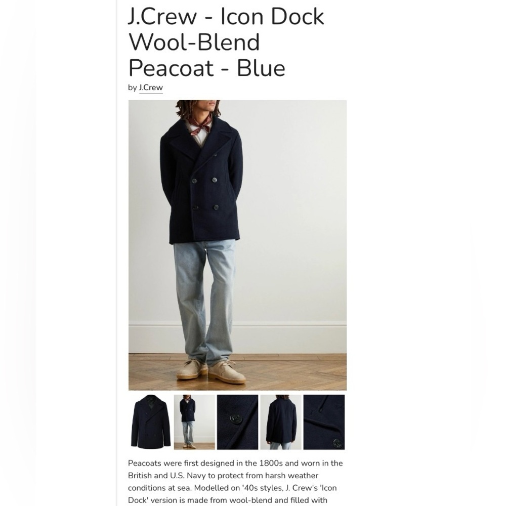 J Crew Dock Icon Wool Blend Pea Coat US Navy Blue Sailor 40s Retro Men’s Medium - Picture 3 of 13
